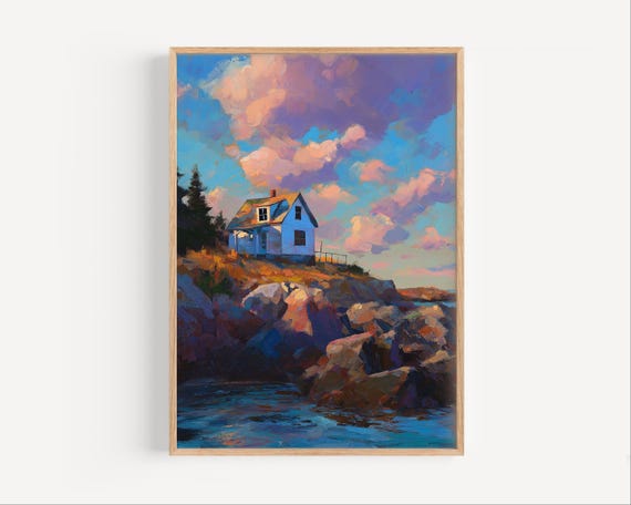 Maine Seaside Cottage Abstract Oil Painting Oceanside Poster Or Canvas Print Travel Paint Style New England Art