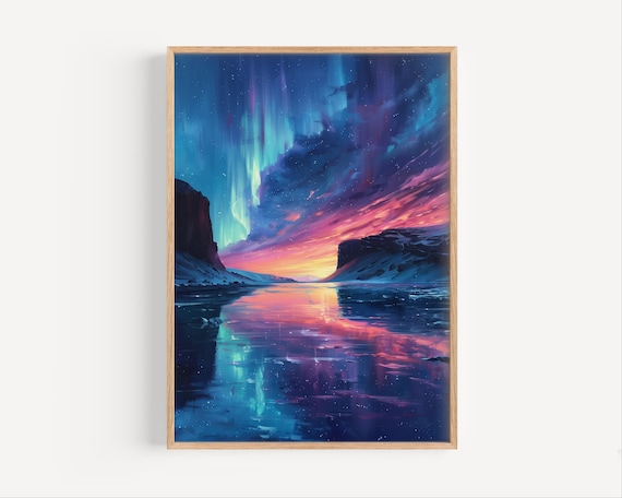 Northern Lights Iceland Fjord Aurora Borealis Oil Painting Sky Poster