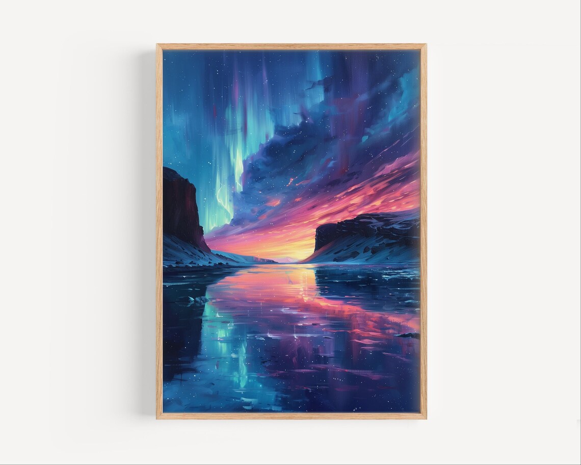 Northern Lights Iceland Fjord Aurora Borealis Oil Painting Sky Poster