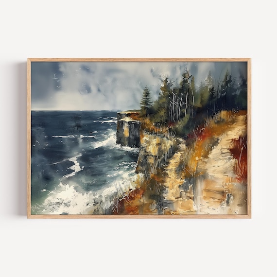 Lake Superior Shoreline Cliffs Waves Watercolor Landscape Poster