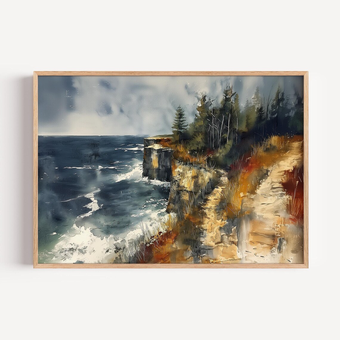 Lake Superior Shoreline Cliffs Waves Watercolor Landscape Poster