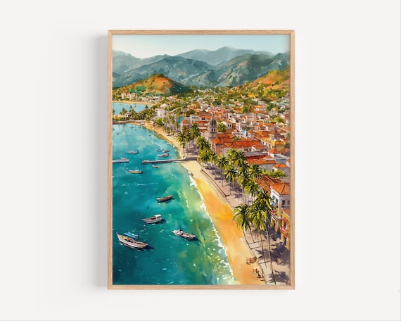 Coastal Town Aerial Watercolor Seaside Harbor Boats Travel Decor Poster