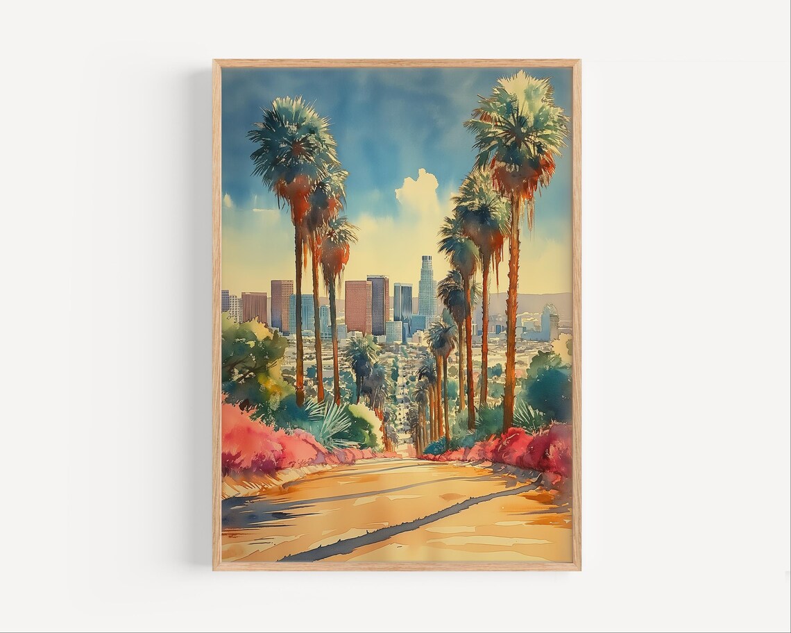 Los Angeles Watercolor Cityscape, West Coast Skyline