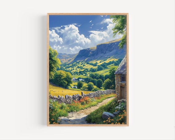 Green Country Valley Stone Wall Cottage Hills Summer Art Poster