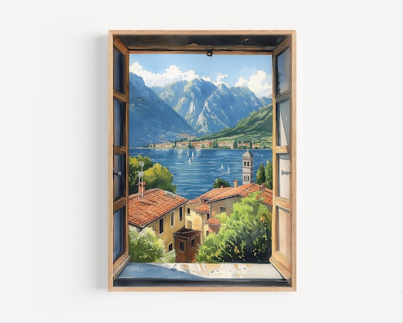 Lake Como Through Open Window Watercolor Italian Village Poster