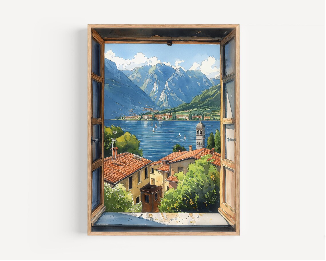 Lake Como Through Open Window Watercolor Italian Village Poster