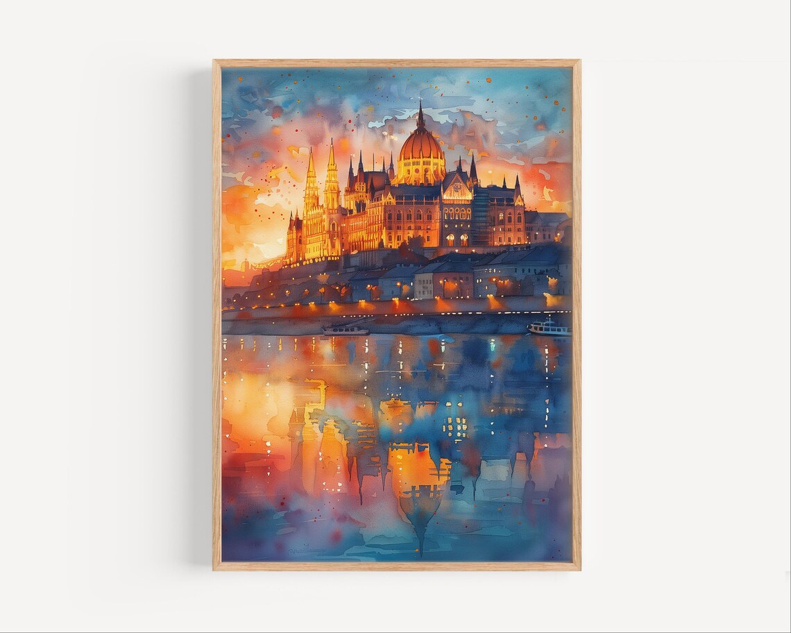 Budapest Parliament Sunset Watercolor Danube Reflection Art Poster