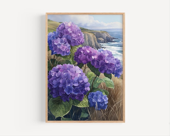 Purple Hydrangeas Rugged Coastal Cliff Watercolor Art Poster
