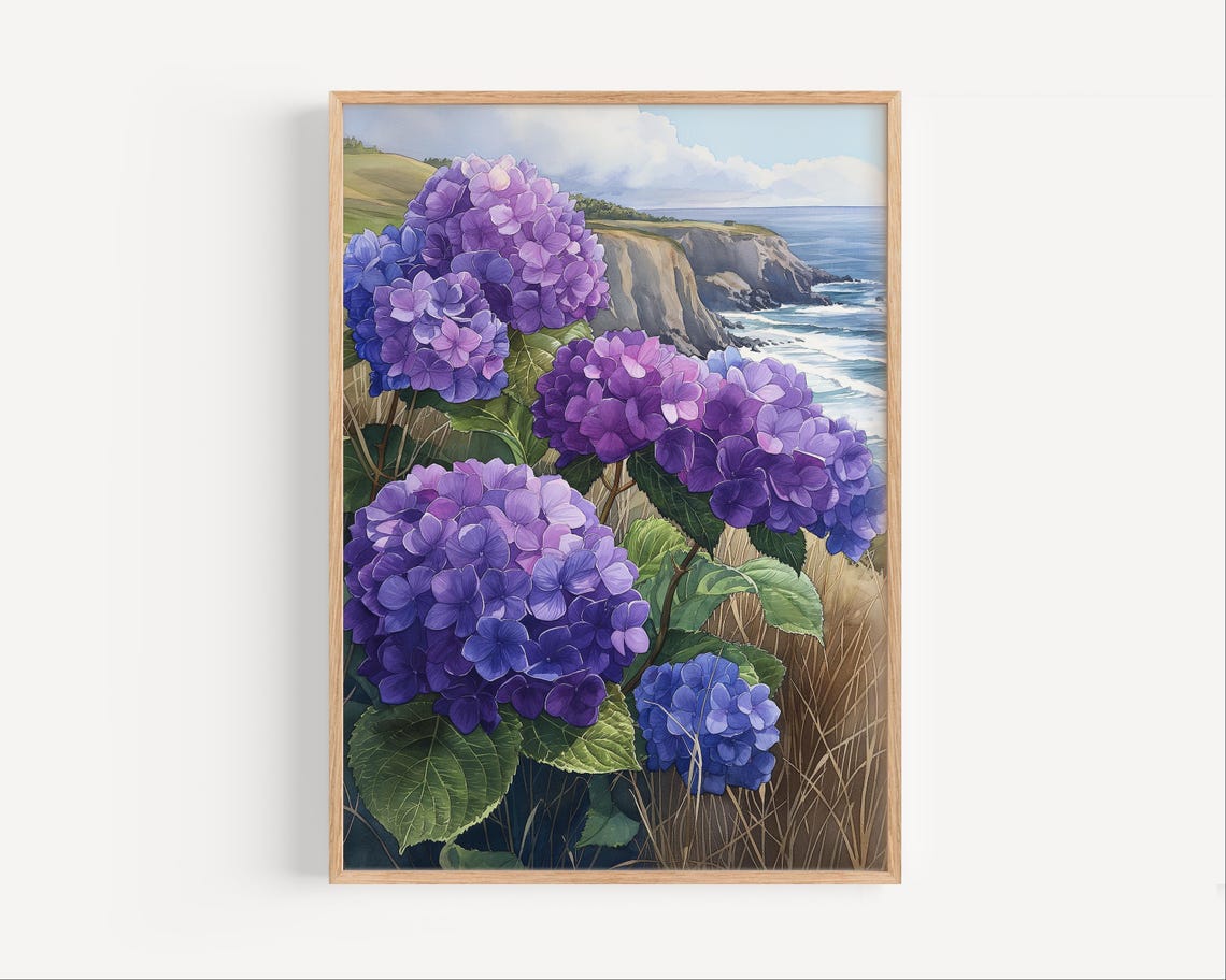 Purple Hydrangeas Rugged Coastal Cliff Watercolor Art Poster