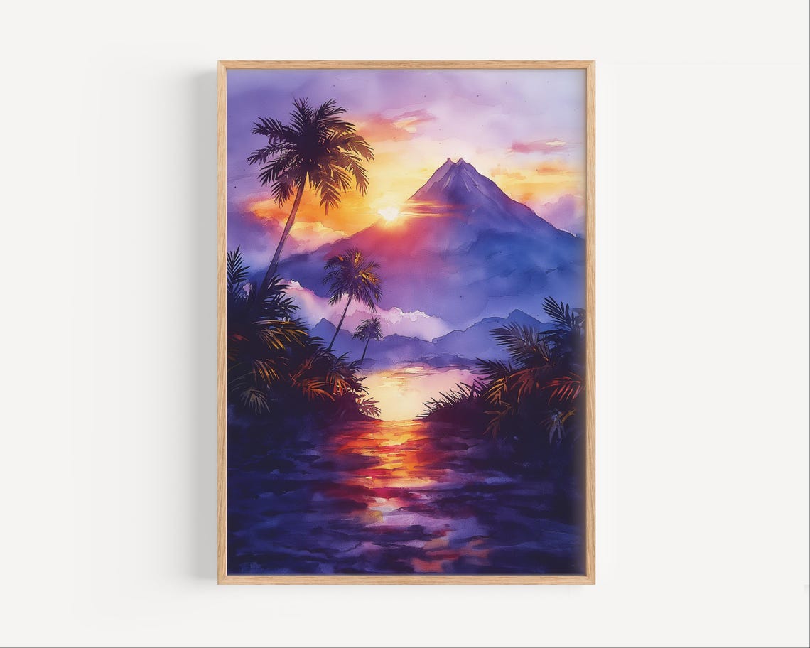 Mount Mayon Sunset Watercolor Purple Sky Palm Trees Scenic Poster