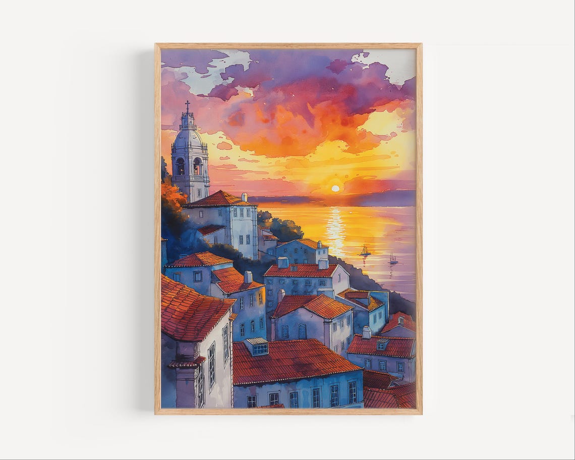 Lisbon Sunset Old Town Rooftops Church Tower Watercolor Poster
