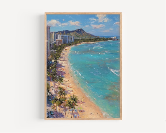 Waikiki Beach Honolulu Palm Trees Blue Ocean Oil Painting Poster