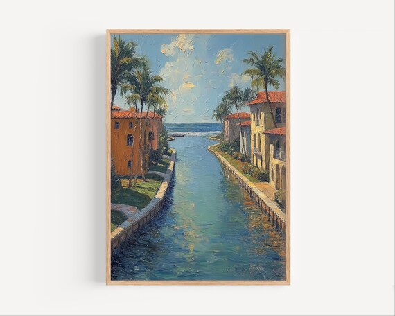 Cape Coral Oil Painting Poster Or Canvas Print Florida Canal Travel Paint Style Art