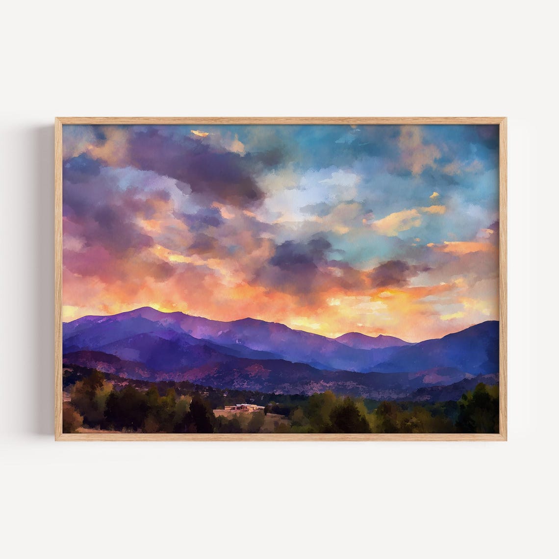 Purple Mountain Sunset Watercolor Landscape Dramatic Sky Art Poster