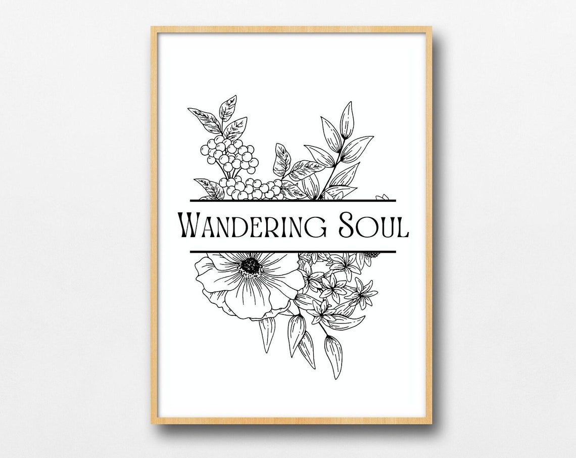 Wandering Soul Botanical Floral Line Art Black and White Poster