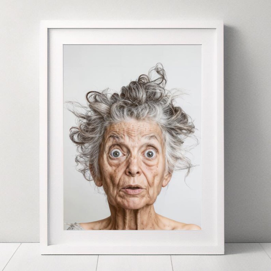 Surprised Elderly Woman Wild Grey Hair Funny Portrait Poster - Image 3