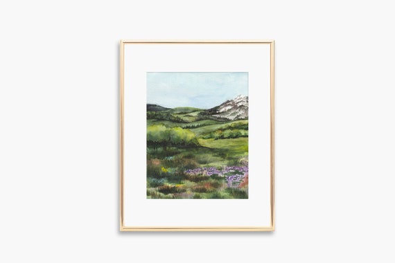 Green Mountain Watercolor Landscape Art Print