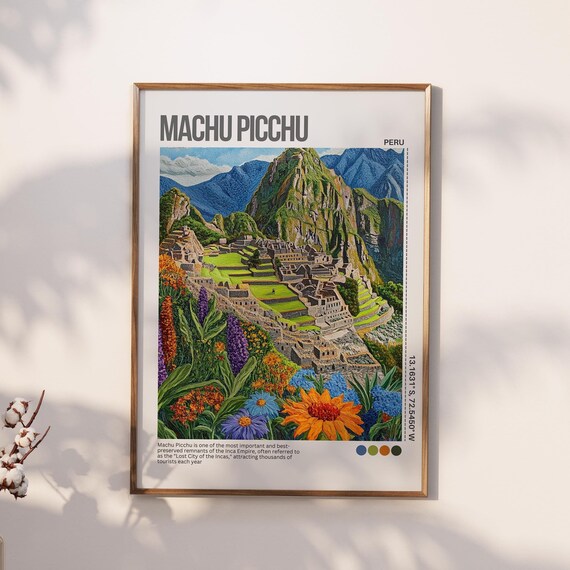 Machu Picchu Peru Wildflowers Lost City Illustrated Travel Poster