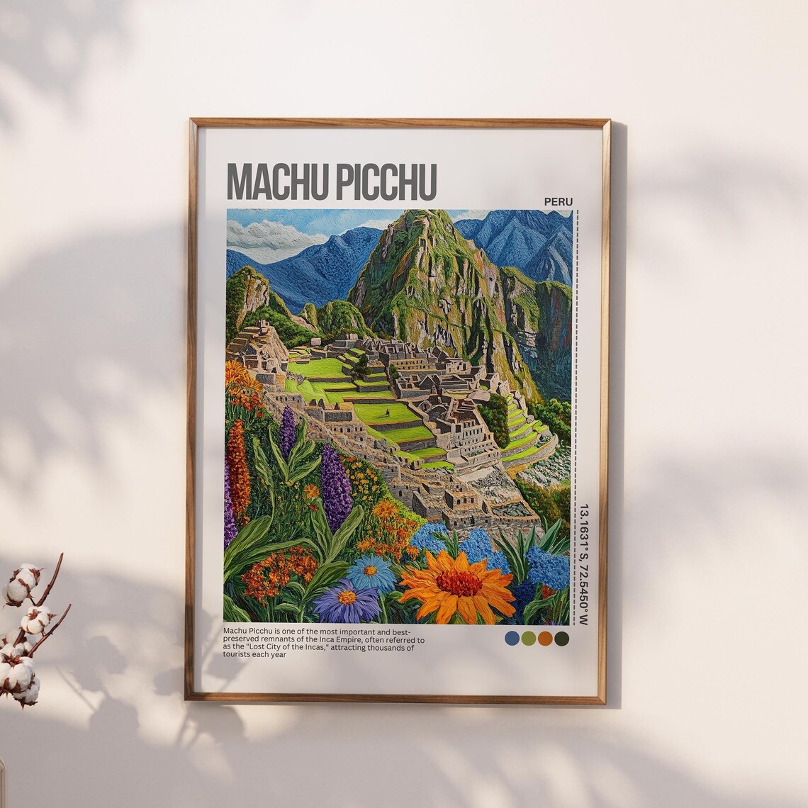 Machu Picchu Peru Wildflowers Lost City Illustrated Travel Poster