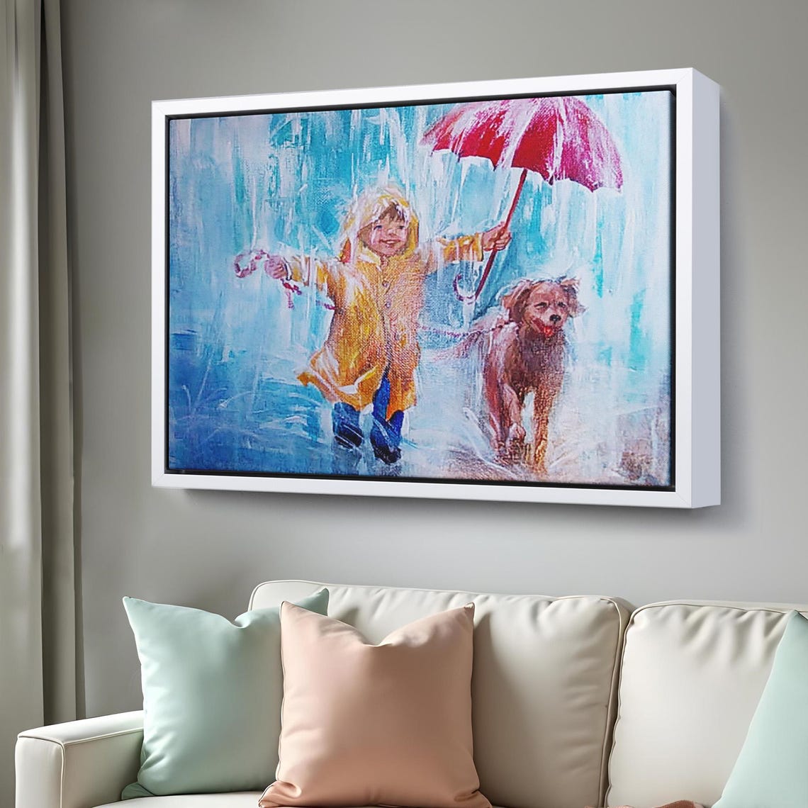 Boy Walking Dog In Rain Red Umbrella Raincoat Cute Art Poster - Image 3