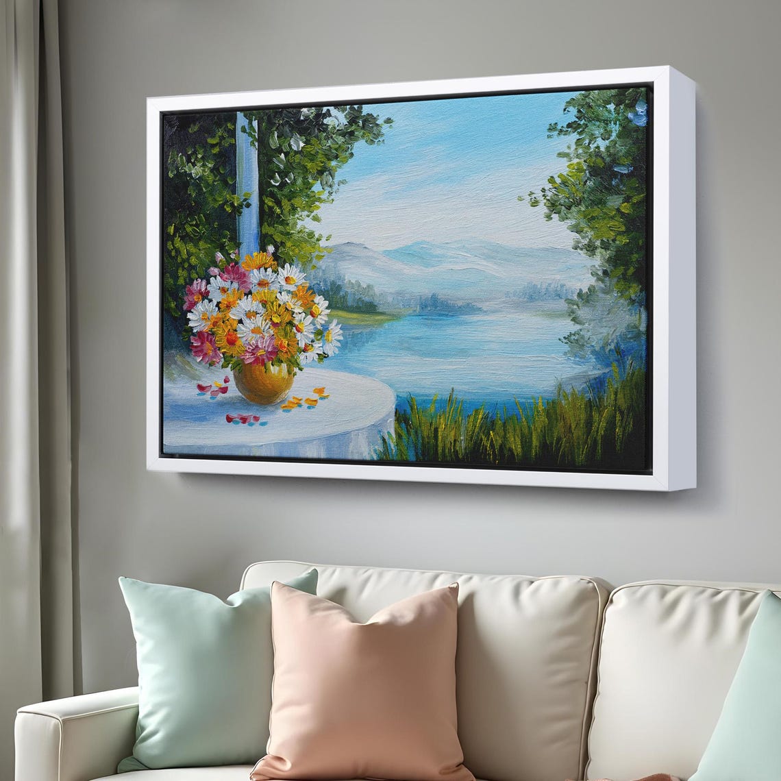 Daisy Bouquet Golden Vase Lakeside View Summer Floral Painting Poster - Image 3