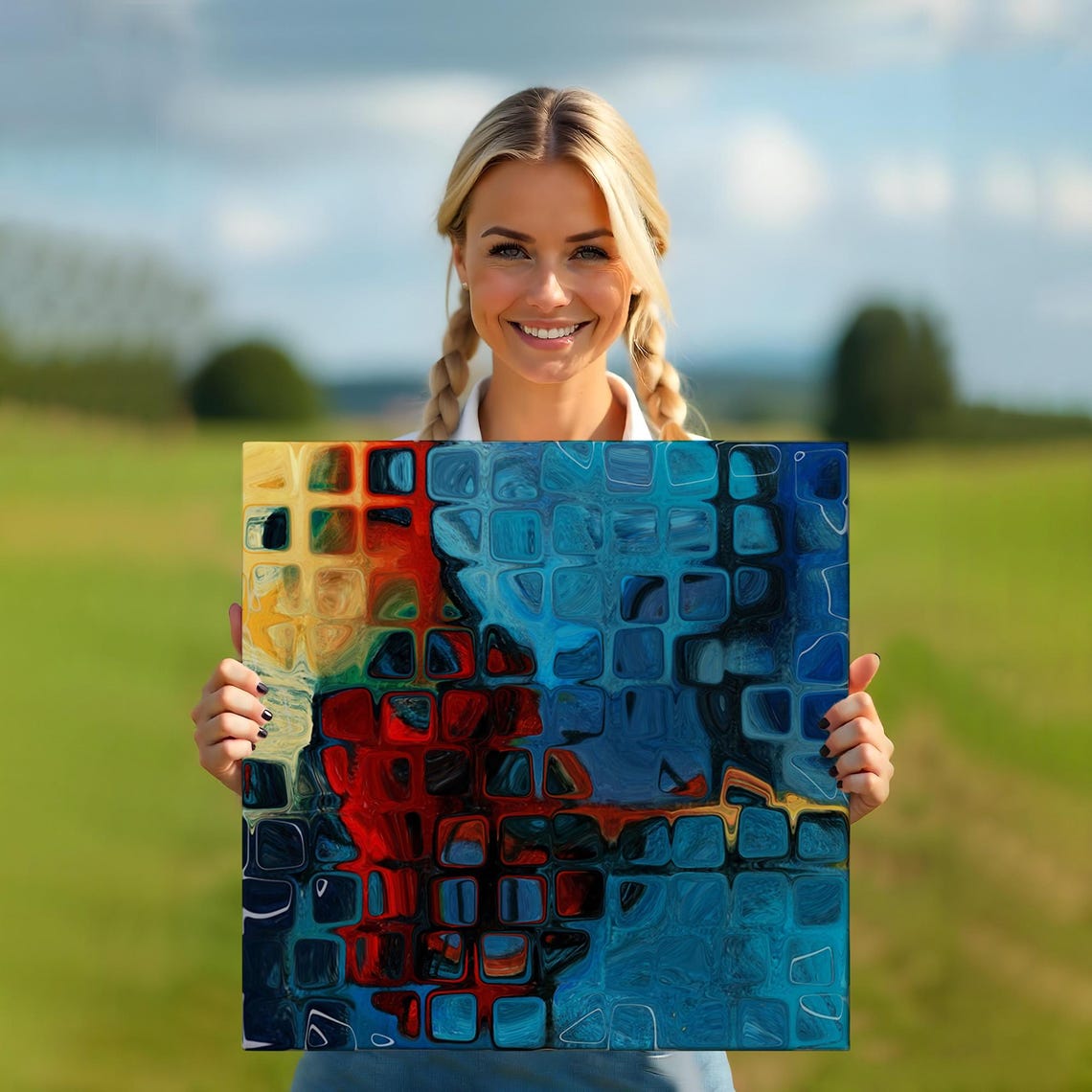 Blue Red Glass Squares Abstract Cool Tones Geometric Mosaic Wall Art - Image 5