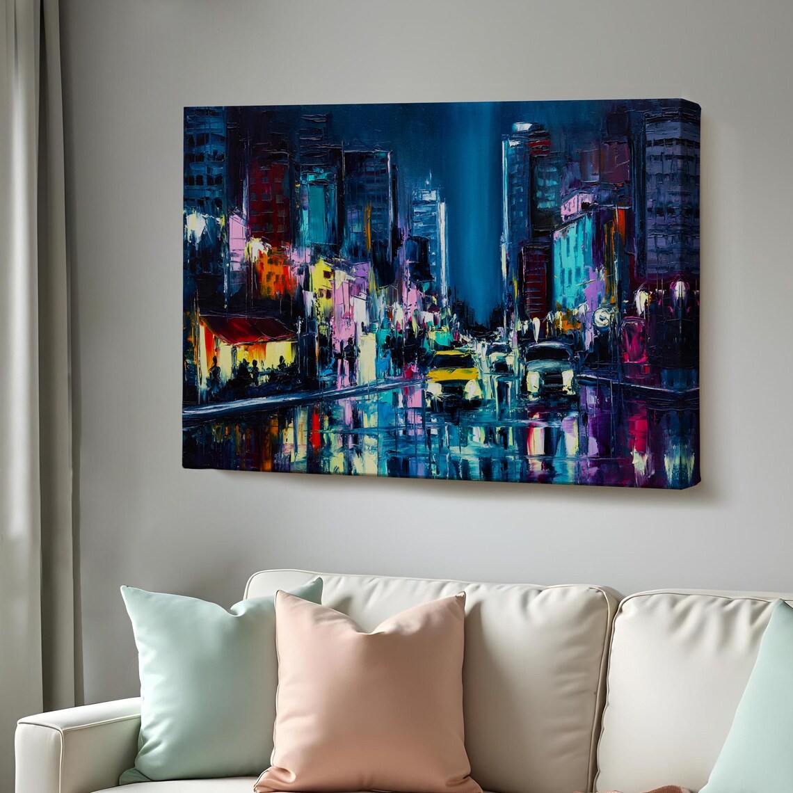 New York Night Street Yellow Taxi Wet Reflections City Poster