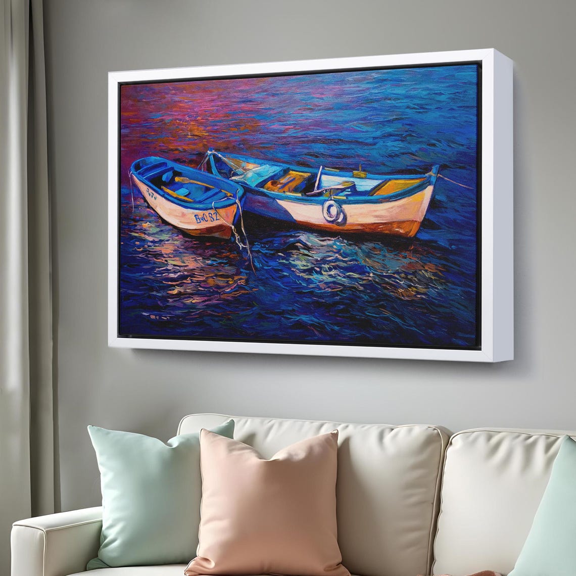 Two White Fishing Boats on Deep Blue Sea Sunset Reflection Art Poster - Image 3