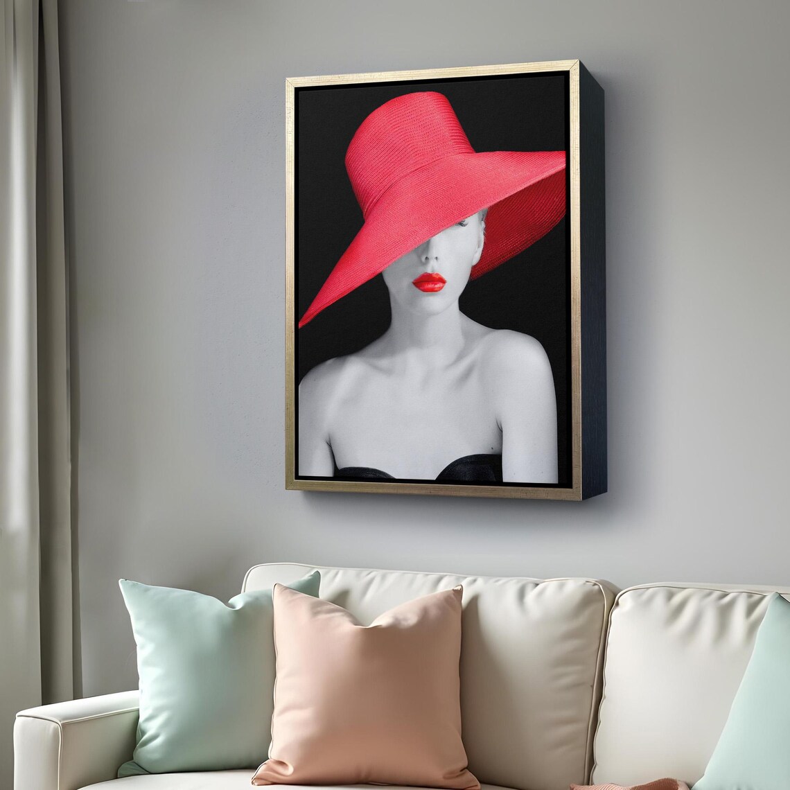 Woman Red Sun Hat Red Lips Black White Fashion Photography Wall Art Poster - Image 4
