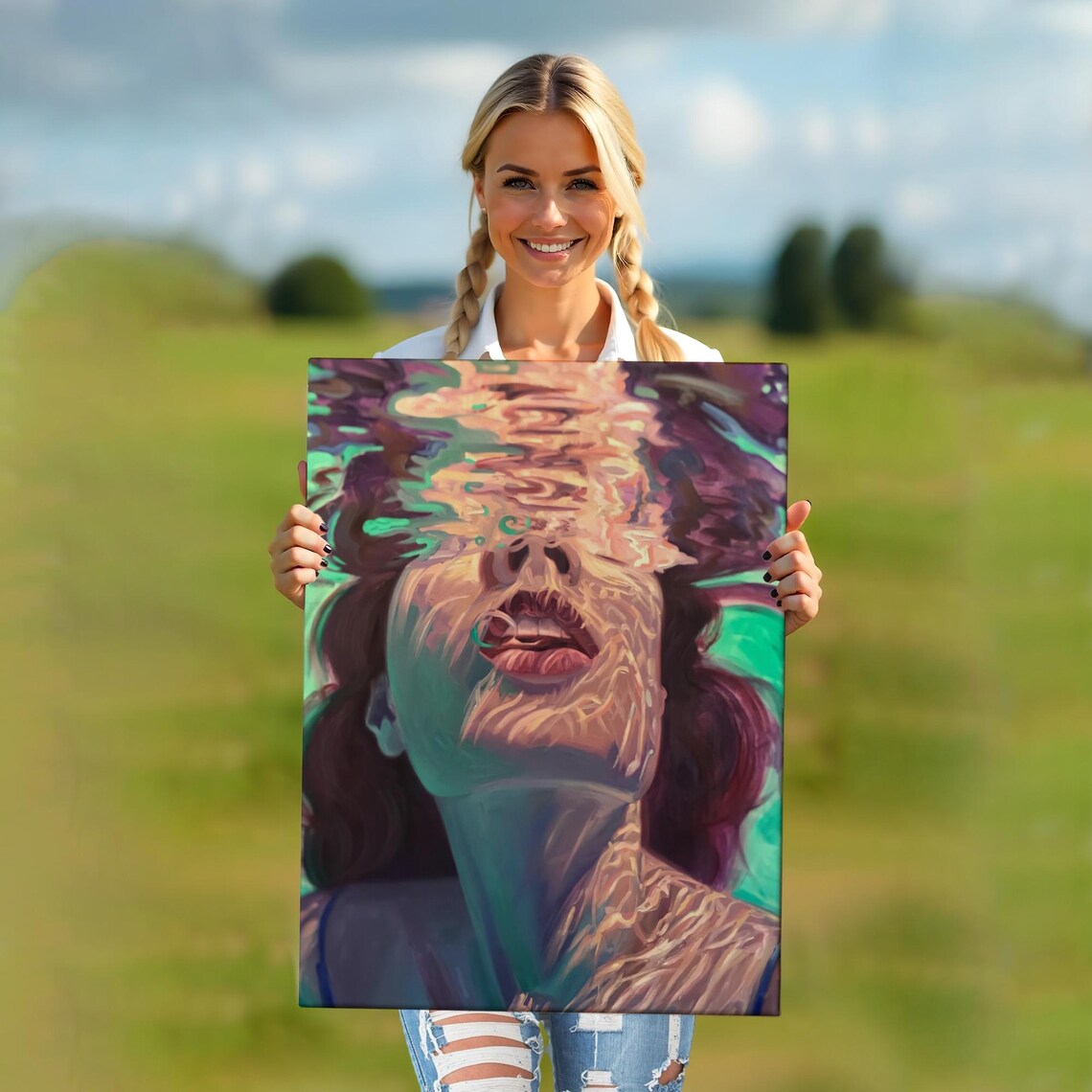 Underwater Woman Swimming Up To Rippling Light Teal Painterly Ocean Poster - Image 5