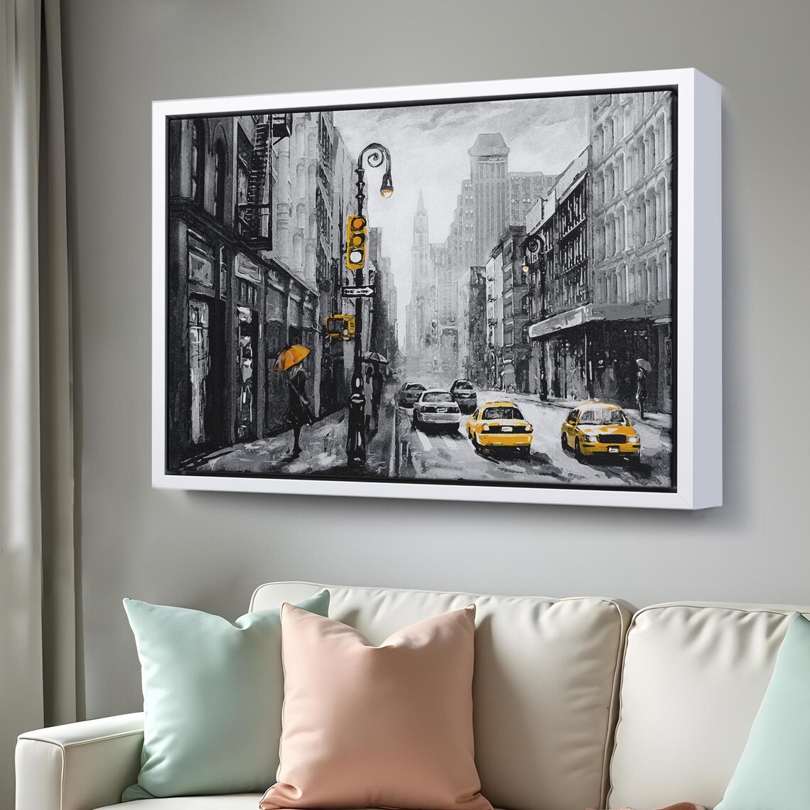 New York City Street Yellow Taxis Black White Rain Umbrella Art Poster - Image 3