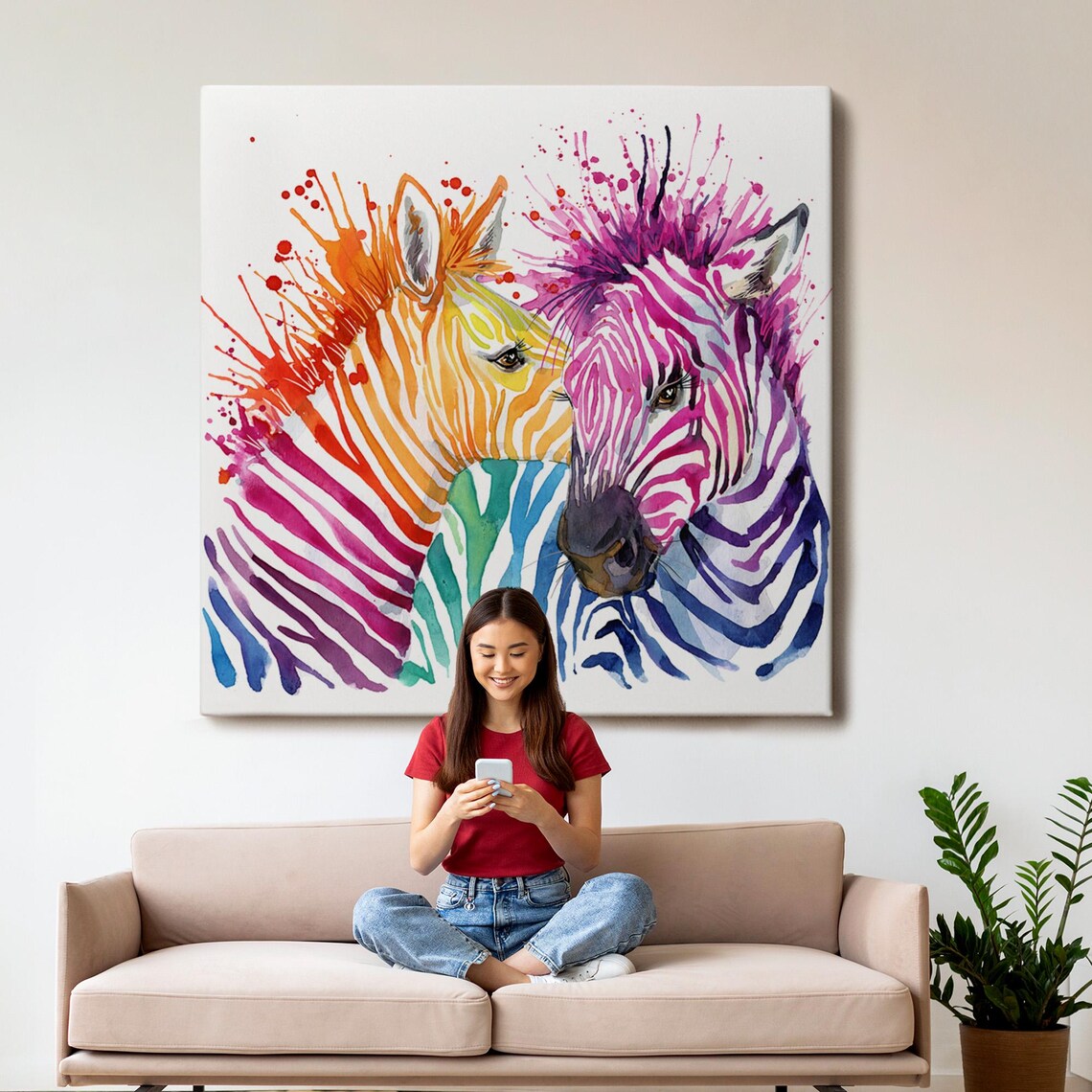 Colorful Rainbow Zebras Watercolor Pair Wildlife Pop Art Modern Wall Art Poster - Image 3