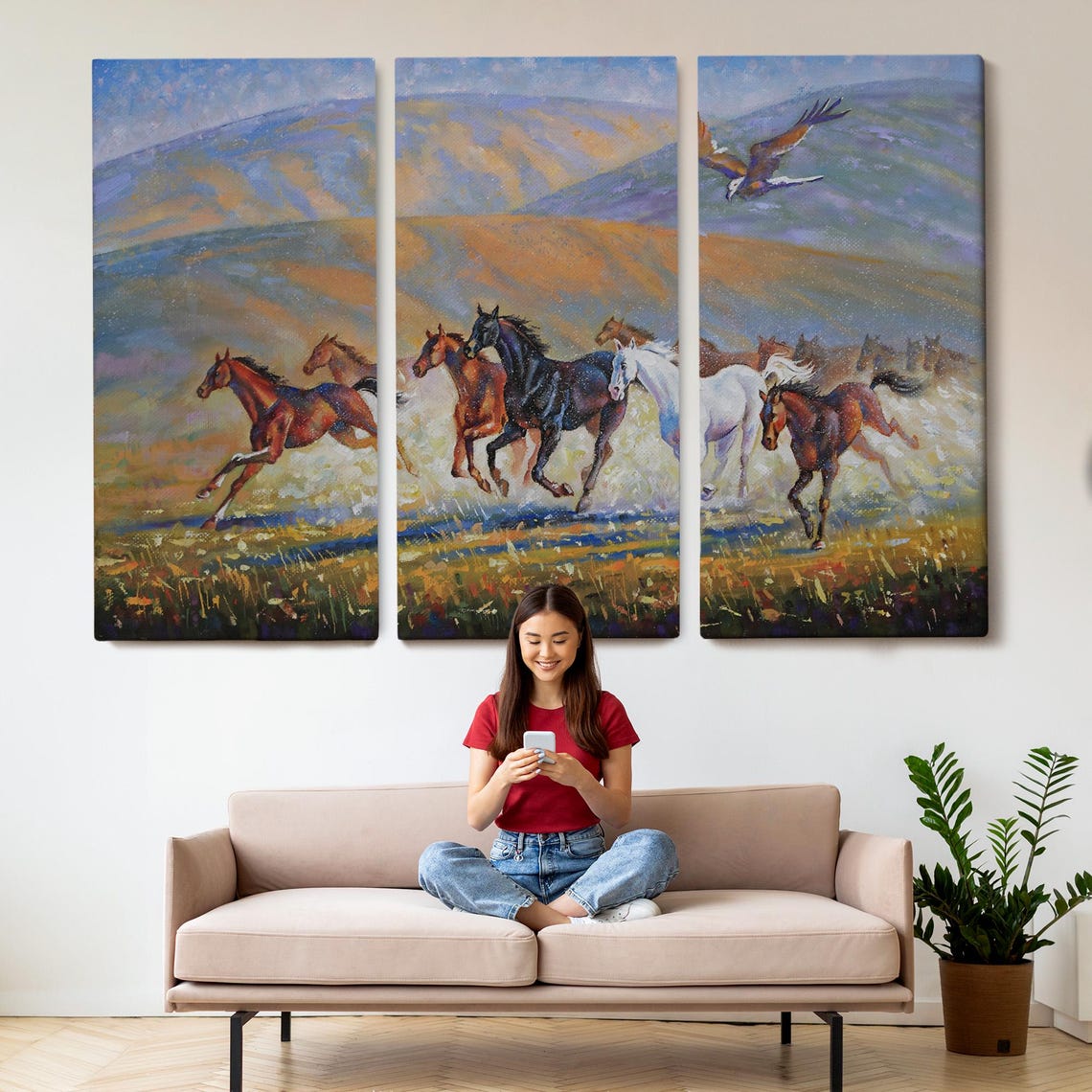 Galloping Horses Herd with Eagle Mountain Valley Oil Painting Poster - Image 2