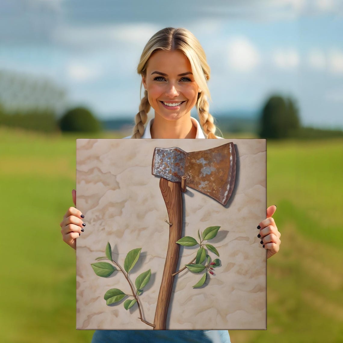 Rustic Axe with Sprouting Green Branch Renewal Surreal Art Poster - Image 5