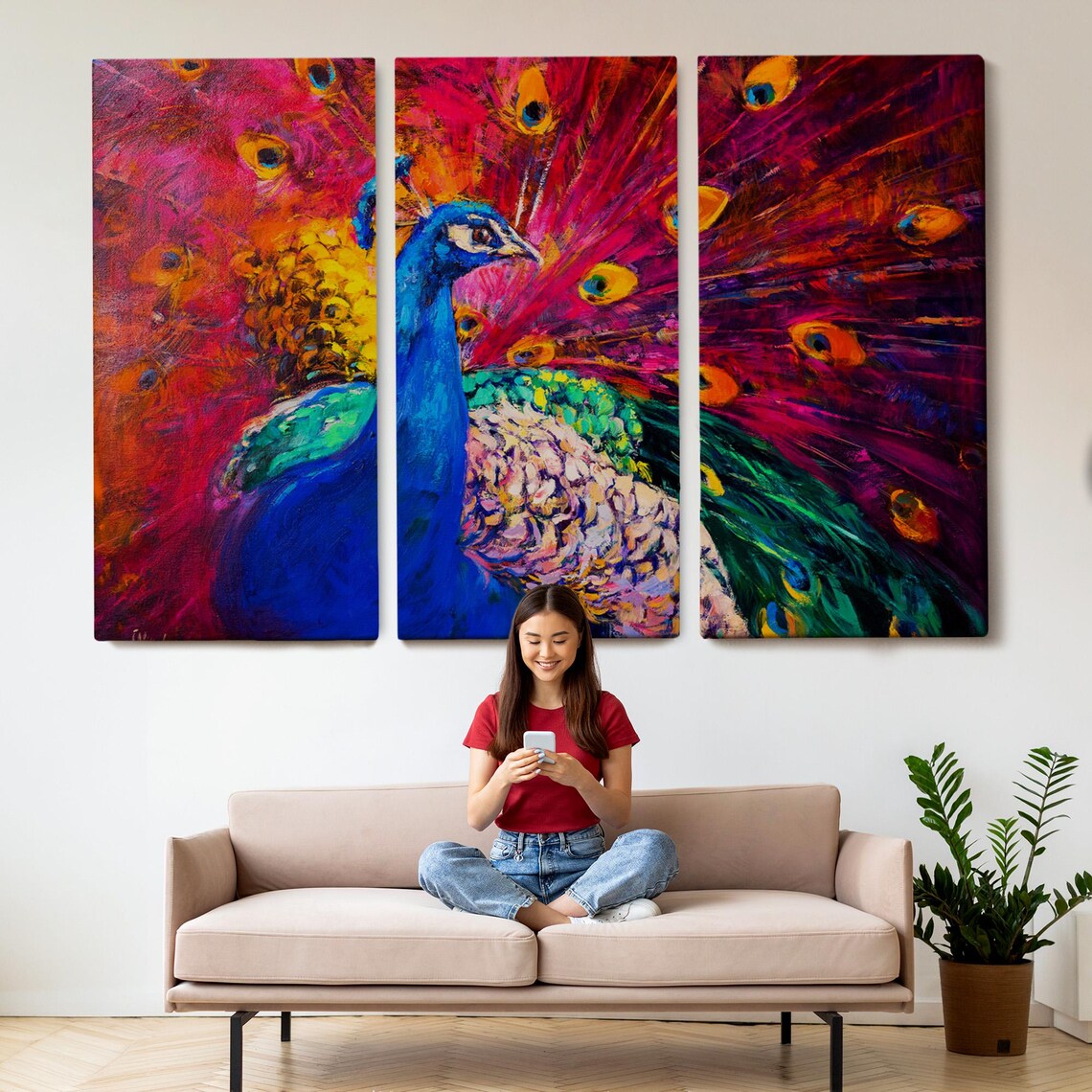 Colorful Peacock With Fanned Tail Vivid Oil Painting Bird Wall Art - Image 2