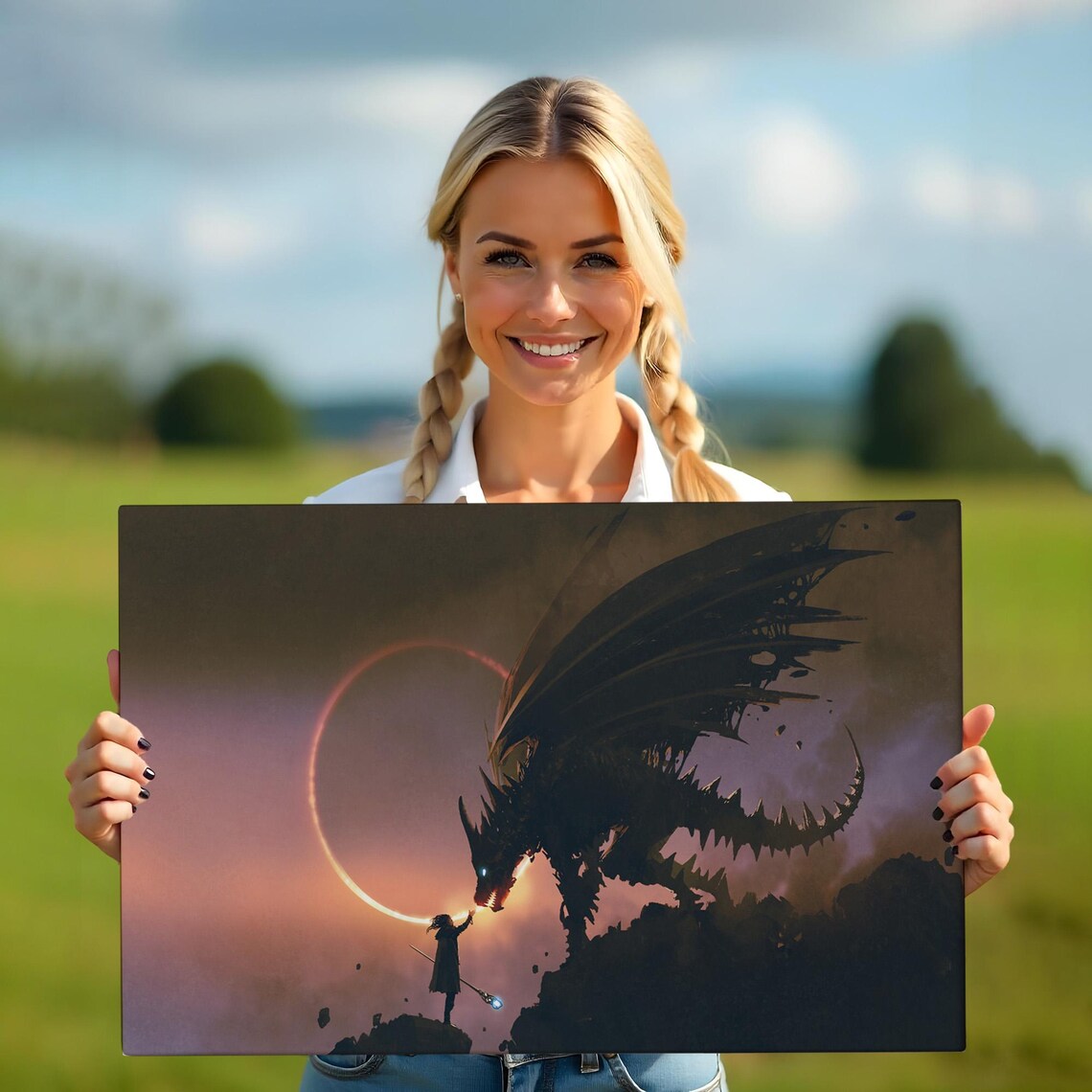 Dark Dragon Warrior Eclipse Sky Epic Fantasy Art Dramatic Wall Art Poster - Image 5