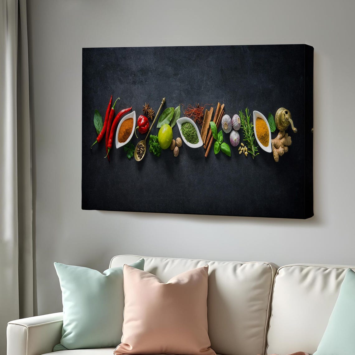 Spices Herbs Flat Lay Dark Background Kitchen Decor Wall Art Print
