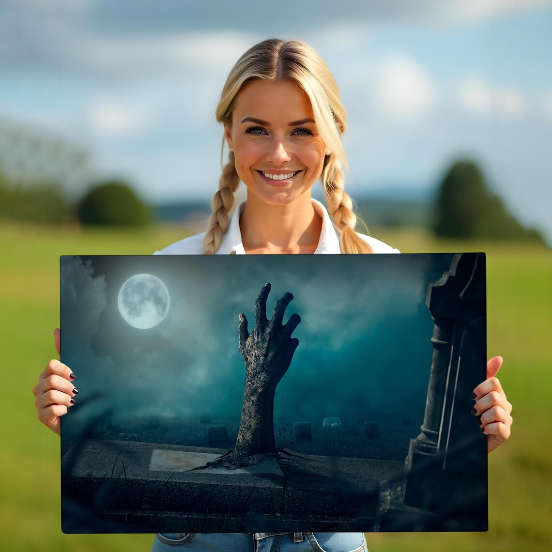 Zombie Hand Rising Graveyard Full Moon Spooky Horror Night Wall Art Poster - Image 5