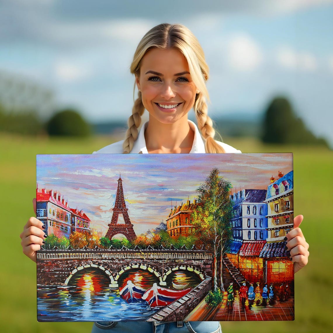 Paris France Eiffel Tower Sunset Seine Bridge Oil Painting Poster - Image 5