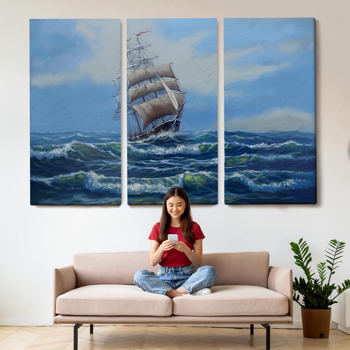 Classic Tall Sailing Ship With Full Sails On Blue Ocean Waves Poster - Image 2