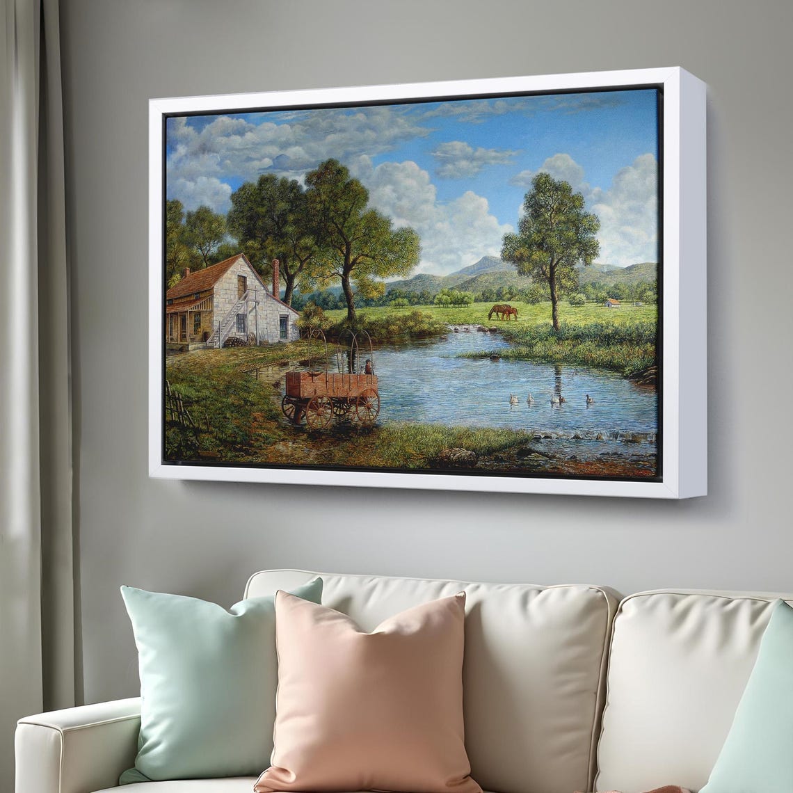 Rustic Countryside Village Stone Cottage Stream Wagon Painting Poster - Image 3