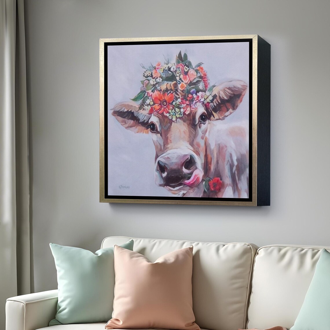 Cute Cow with Flower Crown Whimsical Farm Animal Portrait Poster - Image 4