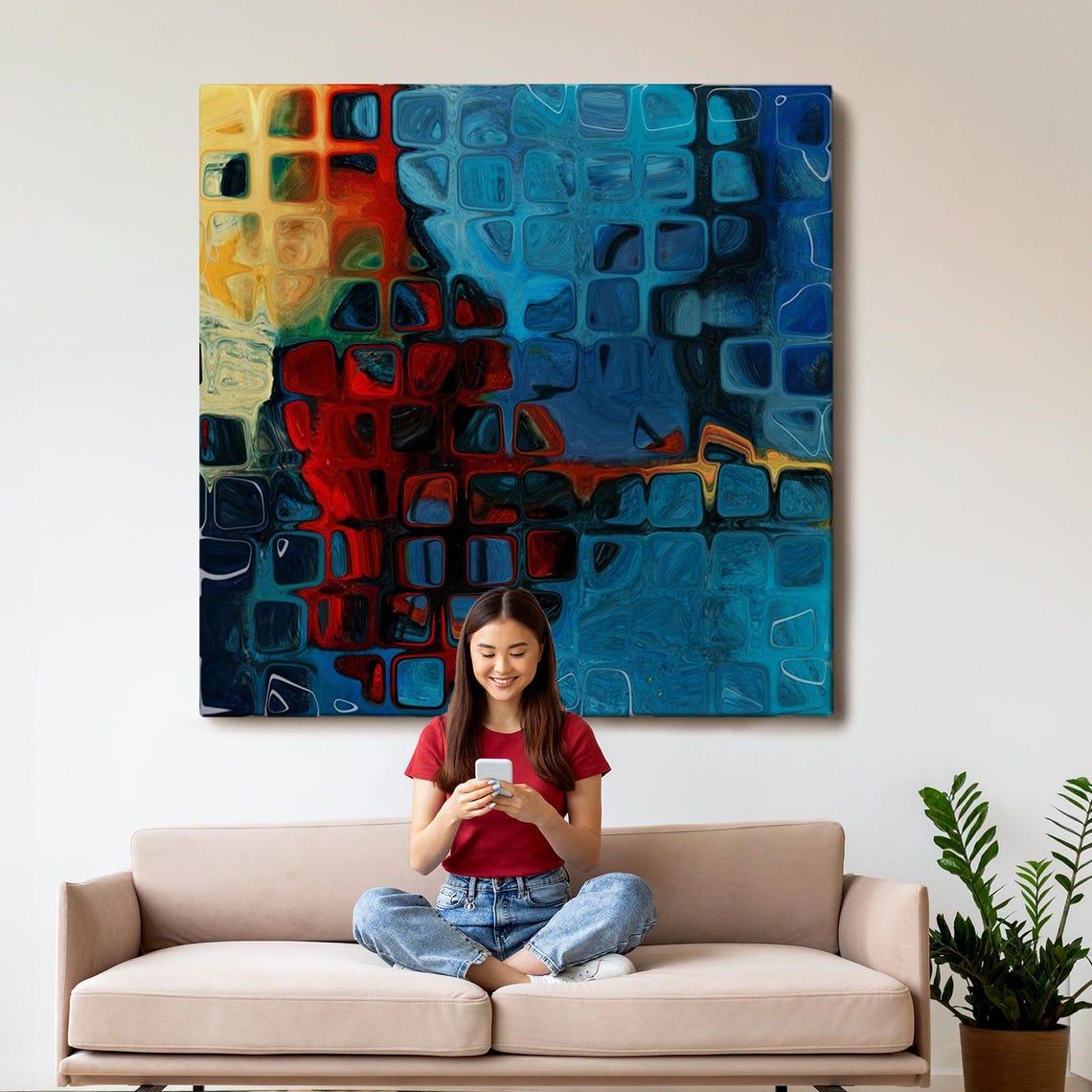 Blue Red Glass Squares Abstract Cool Tones Geometric Mosaic Wall Art - Image 3