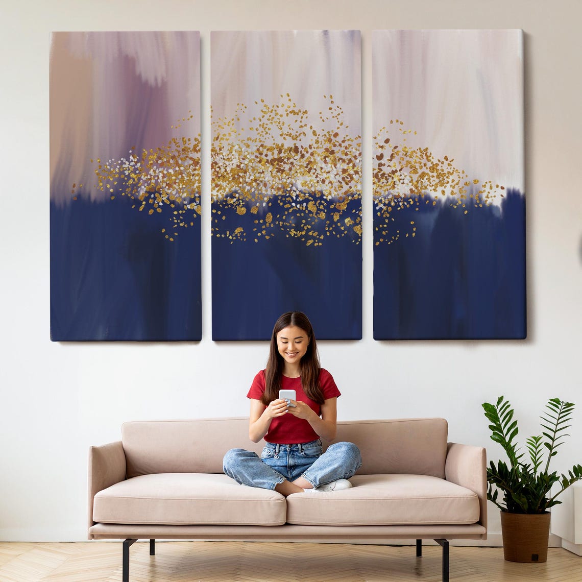 Navy Blue Blush Gold Dust Abstract Modern Elegant Art Poster - Image 2