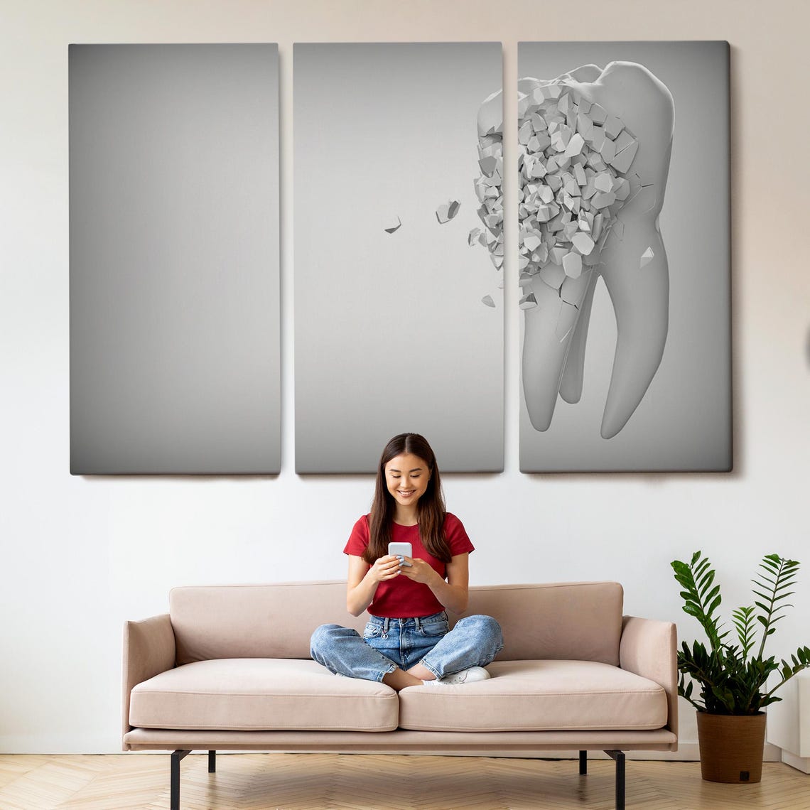 Crumbling Giant Tooth 3D White Surreal Dental Decor Art Poster - Image 2