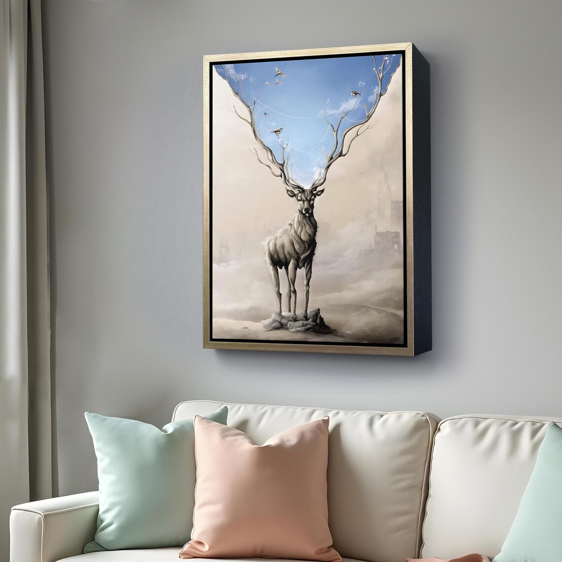 Surreal Stag Tree Branch Antlers Dreamy Sky Birds Fantasy Canvas Wall Art - Image 4