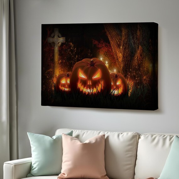 Glowing Carved Pumpkins Dark Cemetery Night Halloween Art Poster