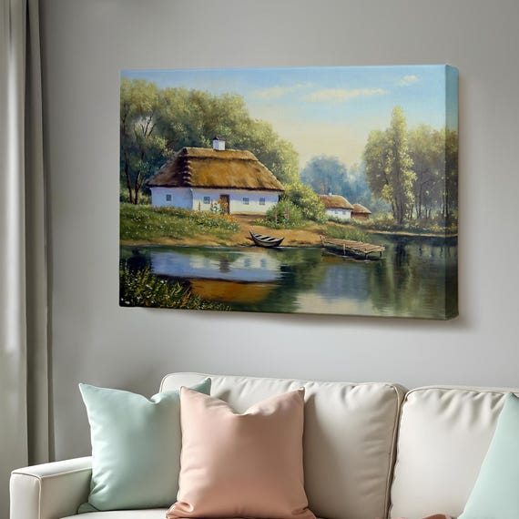 Lake View Village House Oil Painting Look Decorative Wall Art Nature Wall Decor Nature Wall Decor Nature Art