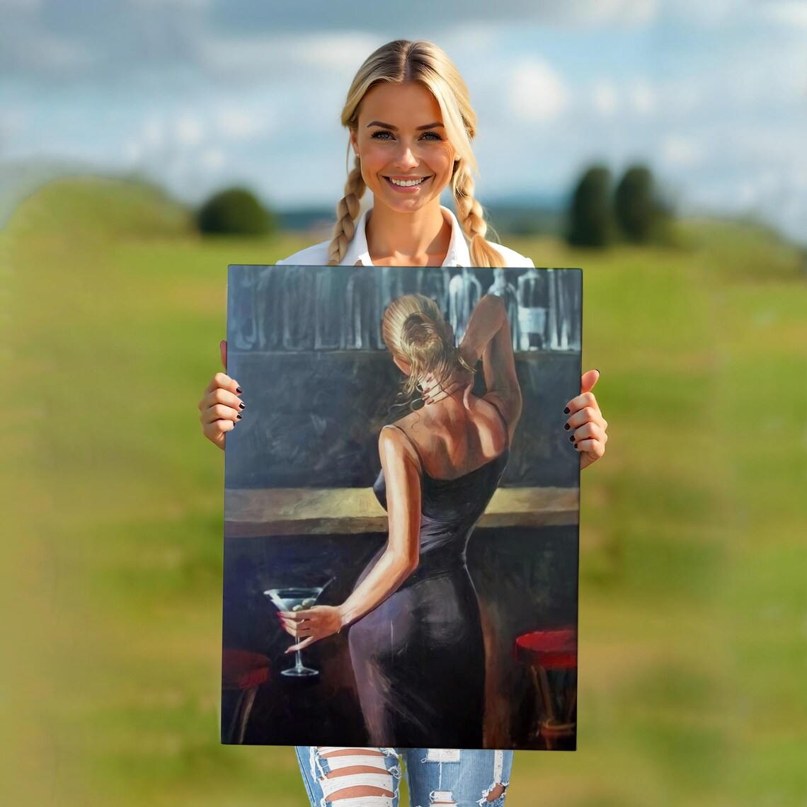Blonde Woman at Bar Holding Martini Noir Cocktail Lounge Painting Poster - Image 5