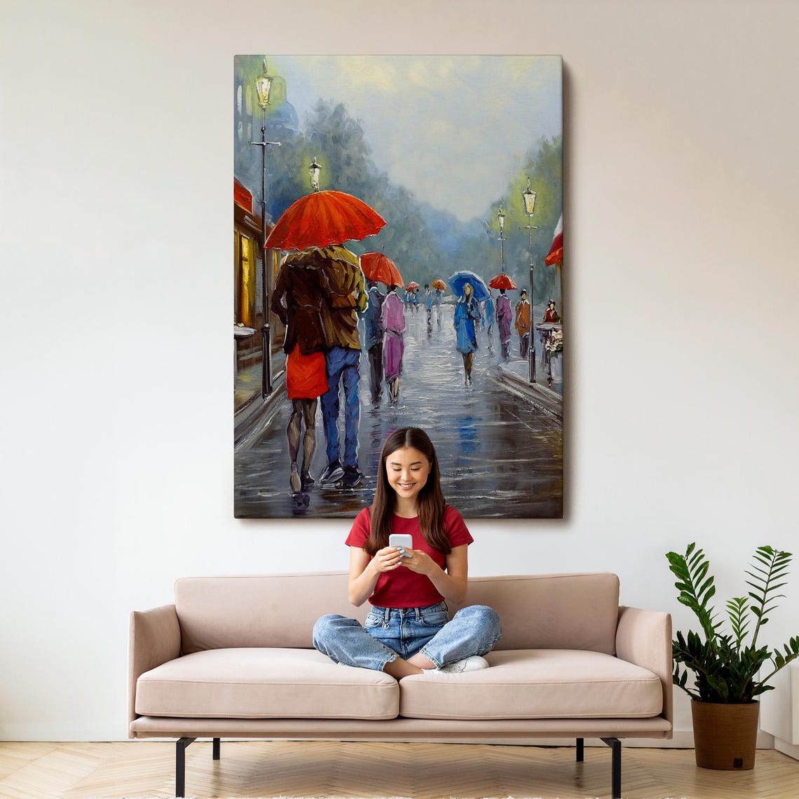 Romantic Couple Under Red Umbrella Rainy Paris Street Painting Poster - Image 3